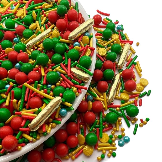 SE Si&Moos Christmas Sprinkles Mix Christmas Cookie Decorations Red and Green Pearl Sprinkles for Cake Decorating Green and Gold Jimmies Edible Holiday Cookie Decorations Baking Supplies for Holiday 3 OZ