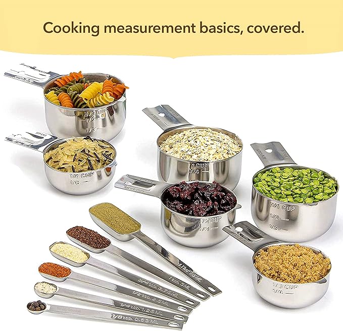 Simply Gourmet Measuring Cups and Spoons Set of 12 – 18/8 Stainless Steel Kitchen Gadgets – Stackable Design with Long Handle Spoons – Fits in Jars – Cooking & Baking Measuring Set for Dry & Liquid