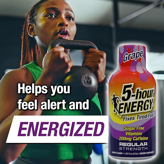 5-hour ENERGY Regular Strength Energy Shot, Grape Flavor (1.93 oz., 24 Count) Zero Calories & Sugar-Free 200 mg Caffeinated Energy Shot, Amino Acids & B Vitamins, Dietary Supplements