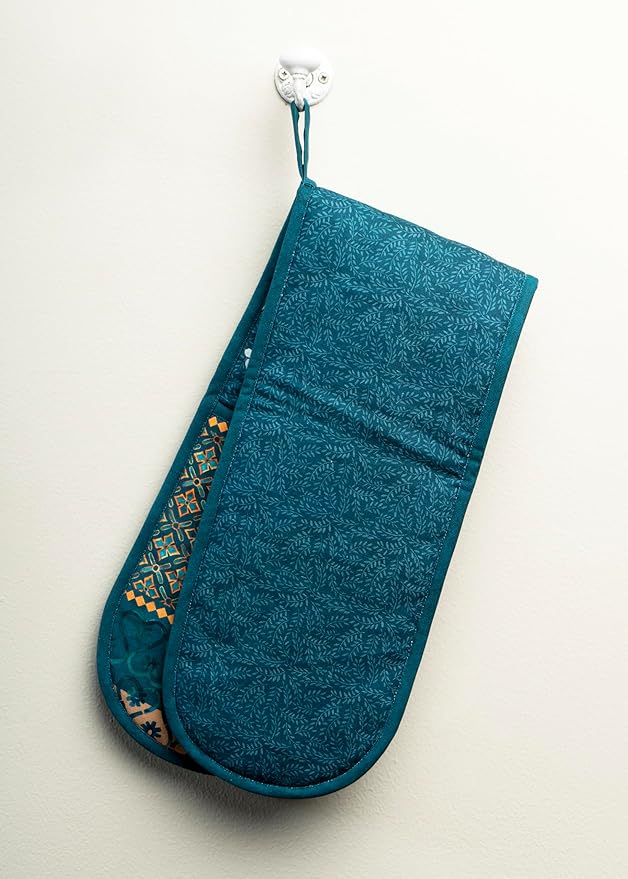 Maison d' Hermine Double Oven Mitts 100% Cotton 7"x35" Double Oven Mitt Heat Resistant BBQ Cooking Gloves with Loop, Baking, Grilling, Home, Kitchen, Handling Hot Pans (Luxury Loft-Dark Teal)