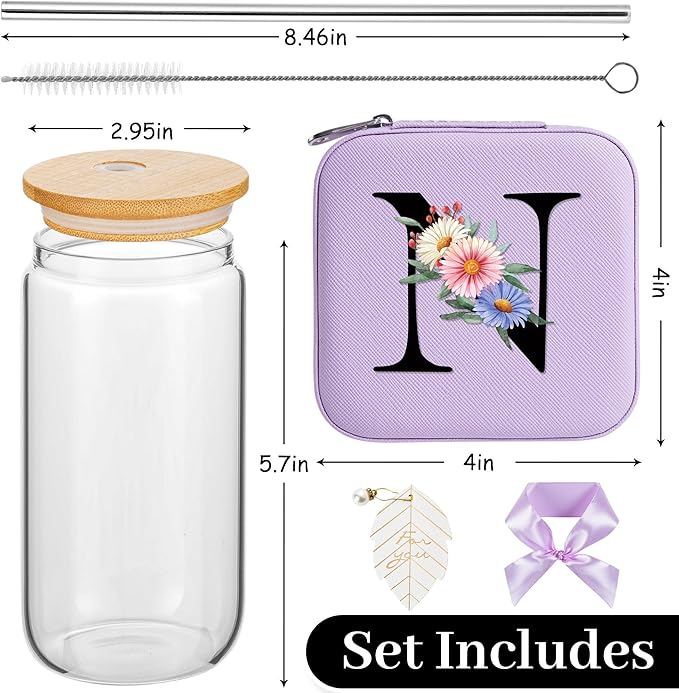 AYGXU Mothers Day Gifts for mom,Gift Sets for Women,Initial glass cups with lids and straws,Initial jewelry box for Women Teen Girls,Travel Essentials,Cute Tumbler Cup with lid,Initial purple N