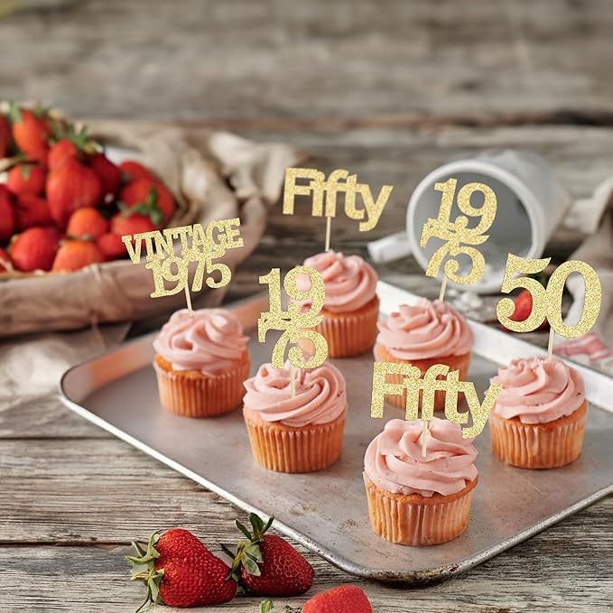 Gyufise 24Pcs 50th Birthday Cupcake Toppers Cheers to 50 Fabulous Fifty Vintage 1975 Cupcake Picks 50th Birthday Wedding Anniversary Party Cake Decorations Supplies Gold