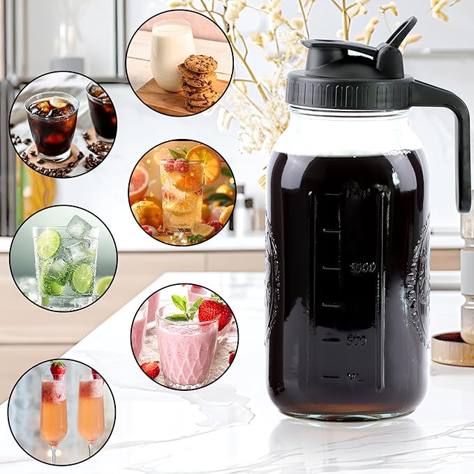 Cold Brew Coffee Maker 64 Oz Mason Jar Iced Coffee Maker 2 Set Half Gallon Glass Pitcher With Pour Spout Lids 2 Quart Wide Mouth Cold Brew Pitcher With Strainer For Fridge, Lemonade, Cold Brew, Milk
