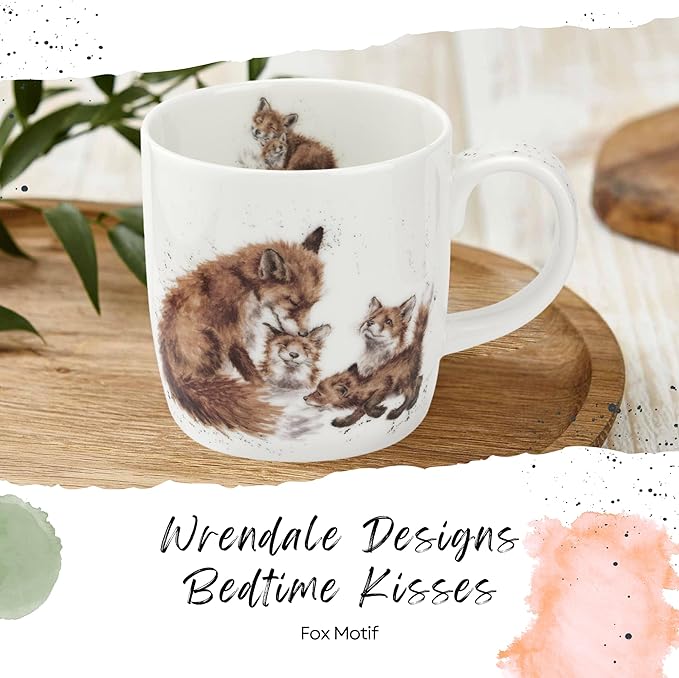 Royal Worcester Wrendale Designs 14 oz Mug, Bedtime Kisses - Fine Bone China with Fox Family Motif - Woodland Themed Tea Mug for Cozy Cottagecore Homes - Safe Ceramic Drinkware for Daily Use