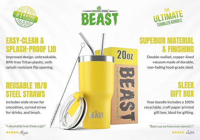 Beast 20 oz Tumbler Stainless Steel Vacuum Insulated Coffee Ice Cup Double Wall Travel Flask (Lemon)