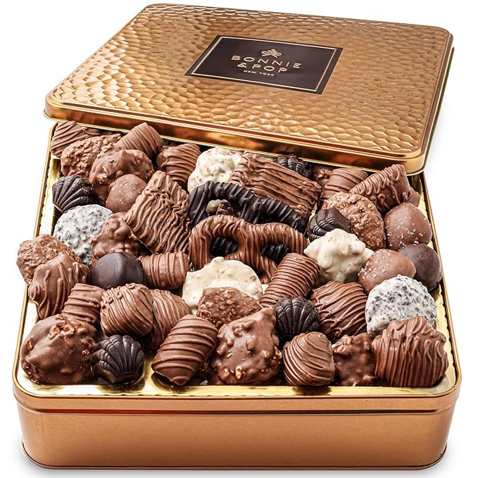 Chocolate Gift Basket, Gourmet Snack Food Box in Keepsake Tin, 2+ lbs of Chocolate, Great for Birthday, Sympathy, Family Parties & Get Well - Bonnie & Pop