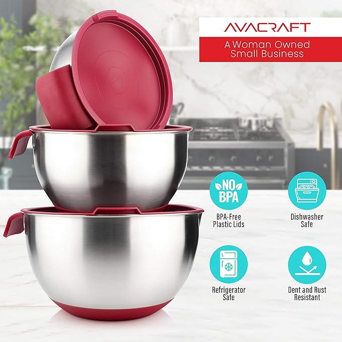 AVACRAFT 18/10 Stainless Steel Mixing Bowls with Lids, non slip silicone base bowls with Handle, Mixing Bowl Set with Pour Spouts & Measurement Marks, Home Essentials Cooking Bowls, (Red)