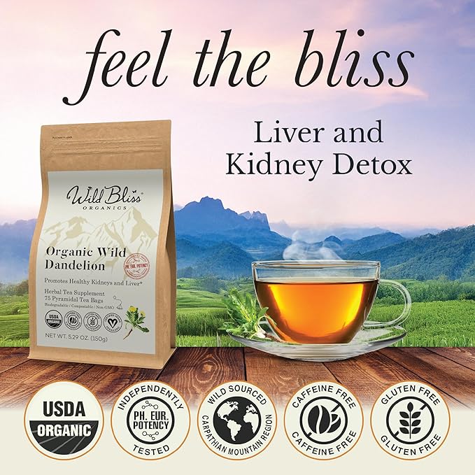 Wild Bliss Organic Wild Raw Dandelion Root Tea - Pharmacopoeia Quality Caffeine Free Herbal Detox Support - 75 Plant Based Tea Bags