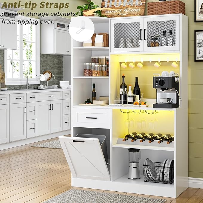 67.3" Tall Modern Kitchen Pantry Storage Cabinet with Drawer and Shelves, Tilt Out Trash Can, Coffee Bar Wine Cabinet with LED Lights and Power Outlet, Wine Glass Rack, 2 Mesh Doors (White)