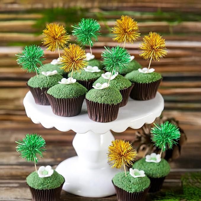 Ephlyn 30Pcs Foil Firework Cupcake Toppers Sparkle Tinsel Cupcake Picks Birthday Cake Decorations Drink Stirrers Cocktail Food Fruit Toothpicks for Baby Shower Graduation Party Supplies Green Gold