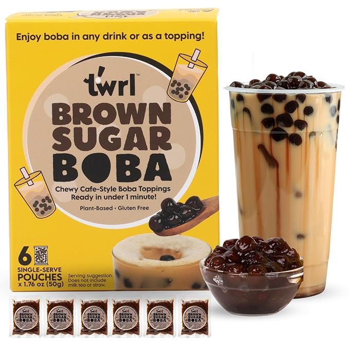 Twrl Brown Sugar Boba Bubble Tea Toppings - Taiwanese Boba Pearls, Cafe-Style Tapioca Milk Tea Topping, Instant - Perfect for Milk Tea and Coffee, Gluten-Free, Plant-Based - Pack of 6 Single Servings