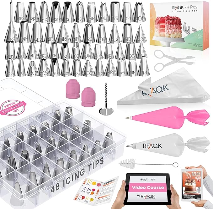 RFAQK 74 PCs Icing Piping Bags and Tips Set, Cake Decorating Kit with 48-Numbered Piping Tips, 20+1 Pastry Bags for Cookie Cupcake Cake Decoration, with Booklet and E-book (Pink)