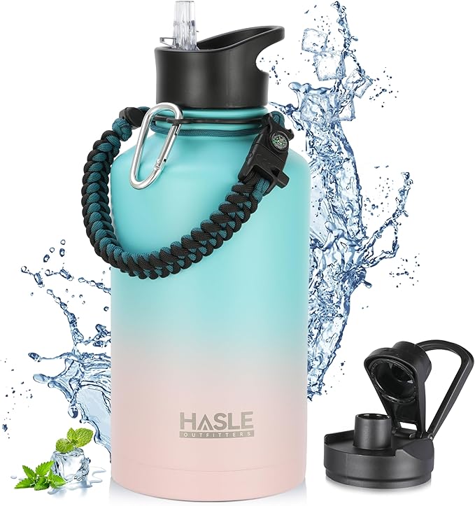 HASLE OUTFITTERS Half Gallon Insulated Water Bottles 64 oz, Stainless Steel Metal Water Jug with 2 Lids Keep Cold 48h/Hot 24h, Leak Proof & BPA-Free Water Flask Jug(Pink Blue Gradient,1)