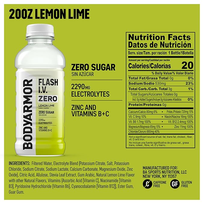 BODYARMOR Flash I.V. Zero Sugar Electrolyte Beverage, Lemon Lime, Hydration Drink For Rapid Rehydration, Post Workout Recovery, 20 Fl Oz (Pack of 12)