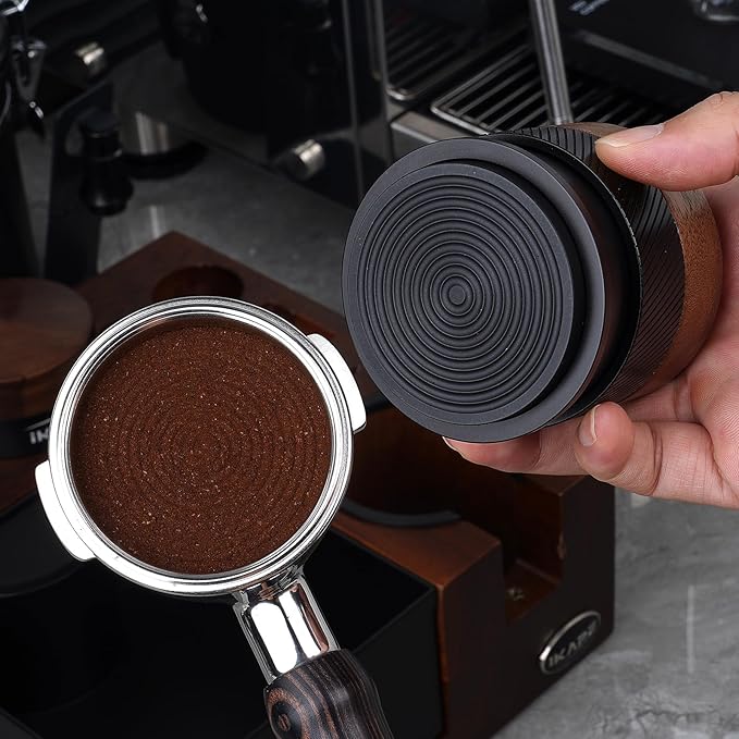 IKAPE 53MM Espresso Tamper, New Wooden Handle Design，Premium Barista Coffee Calibrated Tamper with Spring Loaded, 100% Stainless Steel Tamper Compatible with All 54MM Bottomless Portafilter