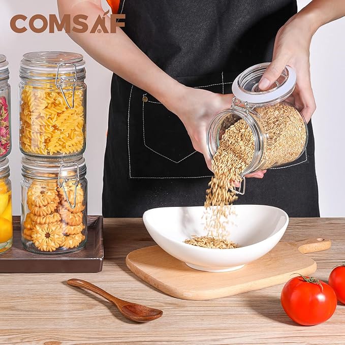ComSaf Airtight Glass Canister with Lid Set of 6, 25oz Food Storage Jar, Mason Jars, Storage Container with Seal Wire Clamp Fastening for Kitchen Fermenting Preserving Canning Pasta Flour Cereal
