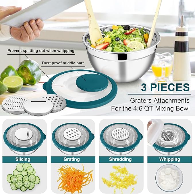 E-far Mixing Bowls Set of 5, Stainless Steel Salad Mixing Bowl with Transparent Lid, Metal Nesting Bowl Attach with 3 Graters for Kitchen Prepping/Serving/Baking/Storage, 4.6/2.6/1.5/1/0.7 QT - Blue