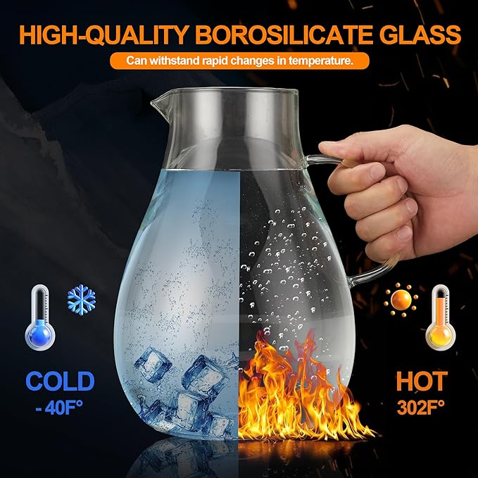 Glass Pitcher with Lid,1 Gallon Glass Water Pitcher Hot/Cold Water Jug, Juice and Iced Tea Beverage Carafe with Lid (Extra-Wide Mouth)