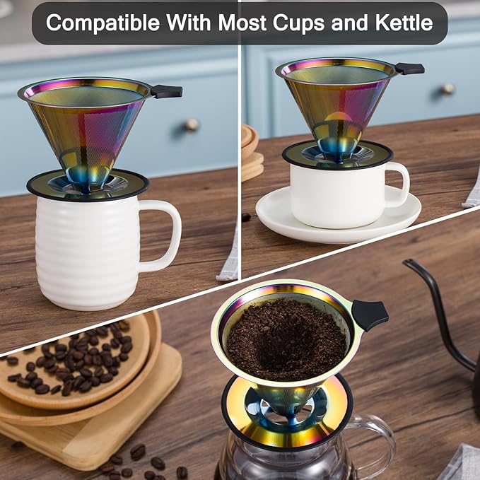 Pour Over Coffee Dripper INSINTAR Reusable Stainless Steel Coffee Filter Paperless Metal Coffee Strainer Single Cup Coffee Maker 1-4 Cup for Camping,Travel,Office and Home(Titanium Iridescent)
