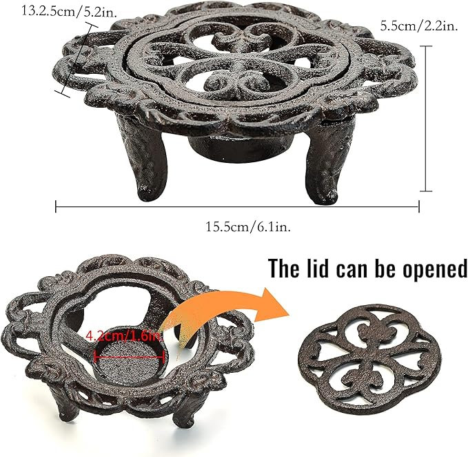 Sungmor Cast Iron Teapot Warmer Dish Cups Heater Pot Trivet - Rustic & Graceful Pattern Design with Tealight Holder - Heavy Duty & Decorative Candle Holder Stands for Heat Food Coffee Milk or Tea