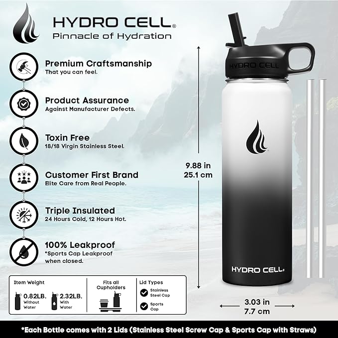 HYDRO CELL Stainless Steel Insulated Water Bottle with Straw - For Cold & Hot Drinks - Metal Vacuum Flask with Screw Cap and Modern Leakproof Sport Thermos for Adults (Black/White 24oz)