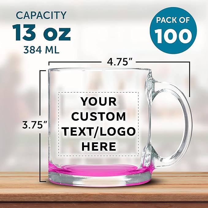 Custom Libbey Clear Glass Coffee Mugs 13 oz. Set of 100, Personalized Bulk Pack - Perfect for Coffee, Tea, Espresso, Hot Cocoa, Other Beverages - Pink Bottom