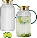 2 PACK Glass Pitcher with Lid,68 oz/ 2 Liter Vertical Stripes Water Pitcher With Green Handle,Glass Water Carafe for Cold Brew,Coffee, Lemonade, Iced Sun Tea,Beverage,Milk Heat Resistant