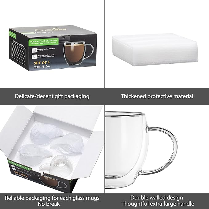 CNGLASS 8.5oz Glass Coffee Mug,Double Wall Insulated Glass Mugs with Handle,Clear Espresso Mugs for Latte,Cappuccino,Tea Bag,Set of 4