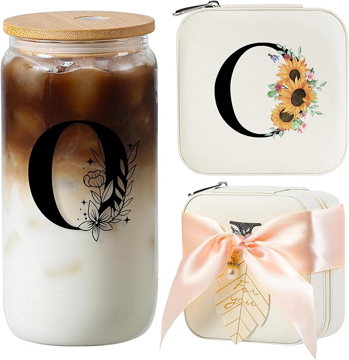 AYGXU Initial Glass Cups with Lids & Straws, Jewelry Case & Organizer, Coffee Cups, Women's Travel Essentials, Initial O White