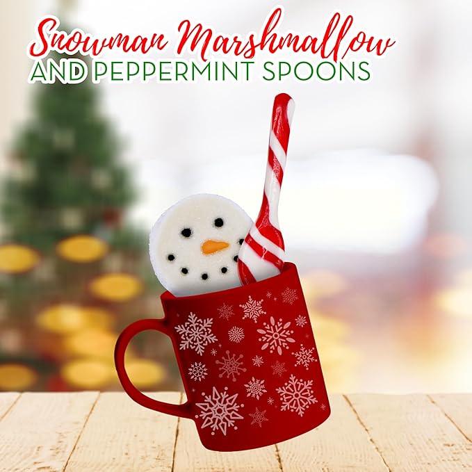 4E's Novelty Snowman Marshmmallow Toppers and Peppermint Spoons (24pc of Each) Candy Canes Spoons and Sugar Coated Snowman Face Marshmallows for Christmas Hot Chocolate Bar Supplies, Hot Cocoa Toppers Decorations
