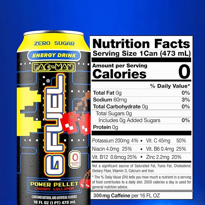 G Fuel Energy Drink, Cherry Lollipop, Sugar Free Beverage with 140mg Caffeine, Daily Energy Boost with Focus Amino, Vitamin + Antioxidants, 16 oz Cans (Pac-Man Power Pellet, 12-Pack)