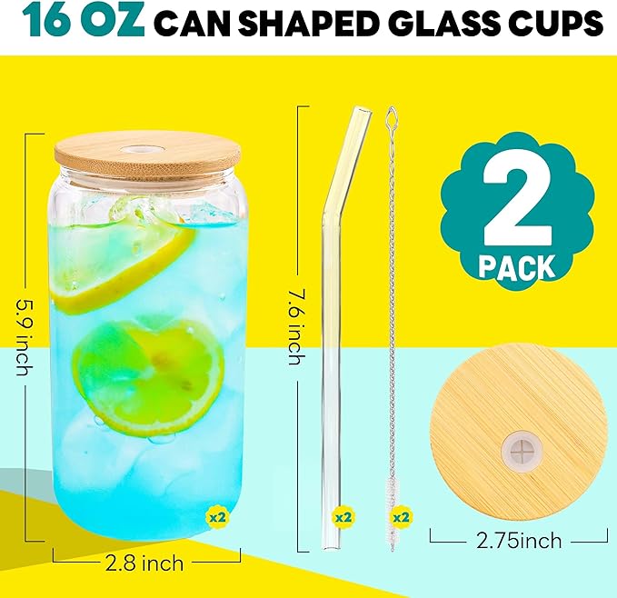 Joyclub Glass Cups with Bamboo Lids and Straws 2 Set 16 oz Reusable Iced Coffee Cup Beer Can Drinking Jars for Smoothie Whiskey Boba Soda Tea Gift