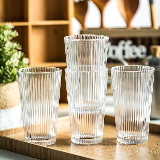 KEMORELA 4-Pack Ribbed Drinking Glasses, 16 oz Vintage Highball Cups with Glass Straws, Old Fashioned Glasses, Elegant Tumblers for Water, Juice, Whiskey - Perfect for Iced Coffee and Cocktails