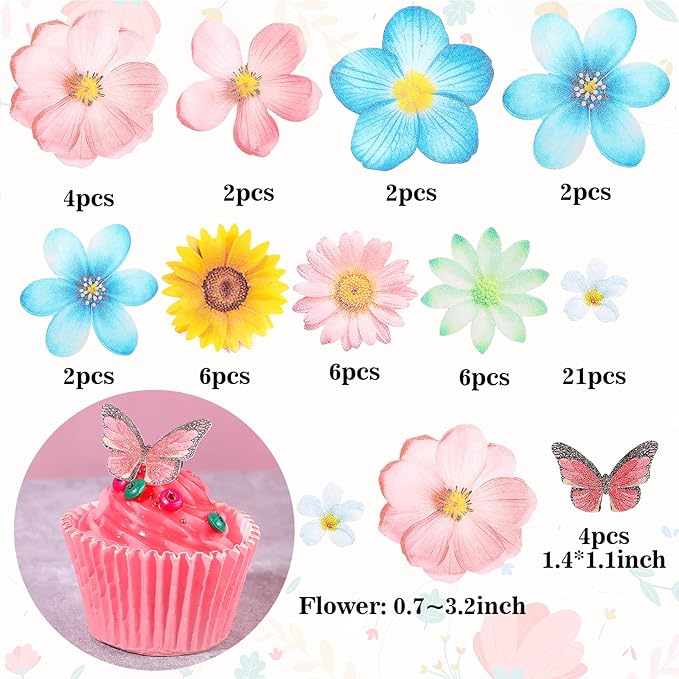 55 Pcs Edible Flowers & Butterflies Cake Decorations - Cupcake Toppers for Wedding, Birthday Party Food (Mixed Size & Colour)