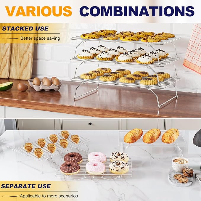 3 Tier Stackable Cooling Rack for Batch Cooling Cookie, Pizza, Cake-15.8”x 10”- Heavy Duty Cooling Racks for Cooking and Baking, Oven and Dishwasher Safe Baking Supplies-Silver