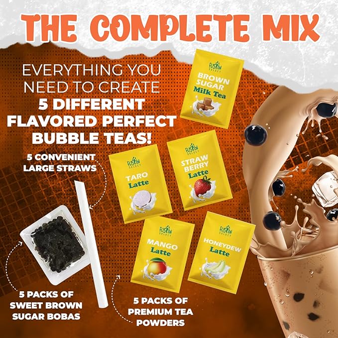 Fusion Select 5 Packs Taro, Mango, Honeydew, Strawberry Bubble Tea Kit Set With Extra Rich Tapioca Pearls, Straws