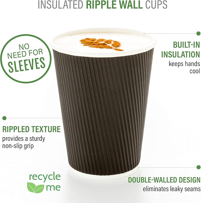 500-CT Disposable Black 4-OZ Hot Beverage Cups with Ripple Wall Design: No Need for Sleeves - Perfect for Cafes - Eco-Friendly Recyclable Paper - Insulated - Wholesale Takeout Coffee Cup