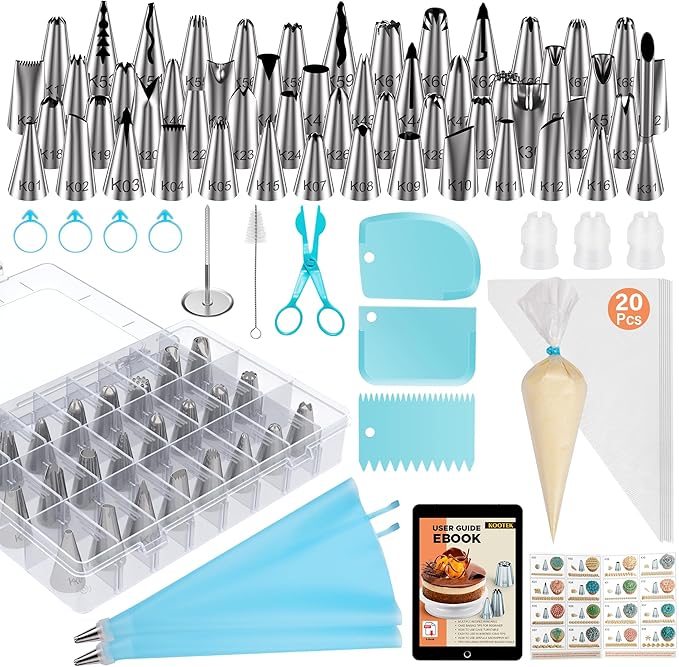 Kootek 90 PCs Piping Bags and Tips Set, Cake Decorating Supplies Kit with 55 Numbered Icing Piping Tips, 20+2 Pastry Bags for Cake Cupcake, Frosting Piping Kit with Booklet and eBook