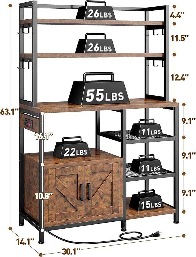 EnHomee Bakers Rack with Power Outlet, 6 Tier Microwave Stand, Coffee Bar Organizer with 8 L-Shaped Hooks, Kitchen Shelves with Storage, 14.1 x 30.1 x 63.1 Inches, Rustic Brown