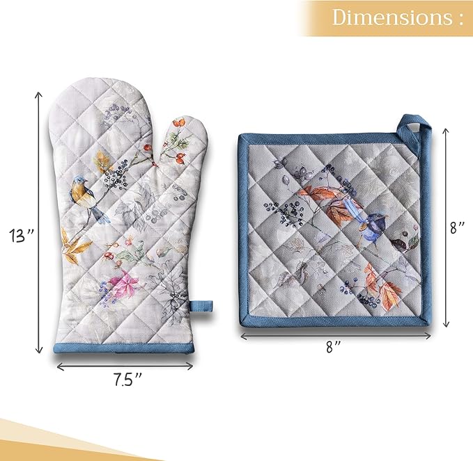 Maison d' Hermine 100% Cotton Oven Mitt & Pot Holder Set (7.5"x13" & 8"x8") Heat Resistant BBQ Cooking Gloves with Loop, Baking, Grilling, Kitchen, Handling Hot Pans (Equinoxe - Grey)