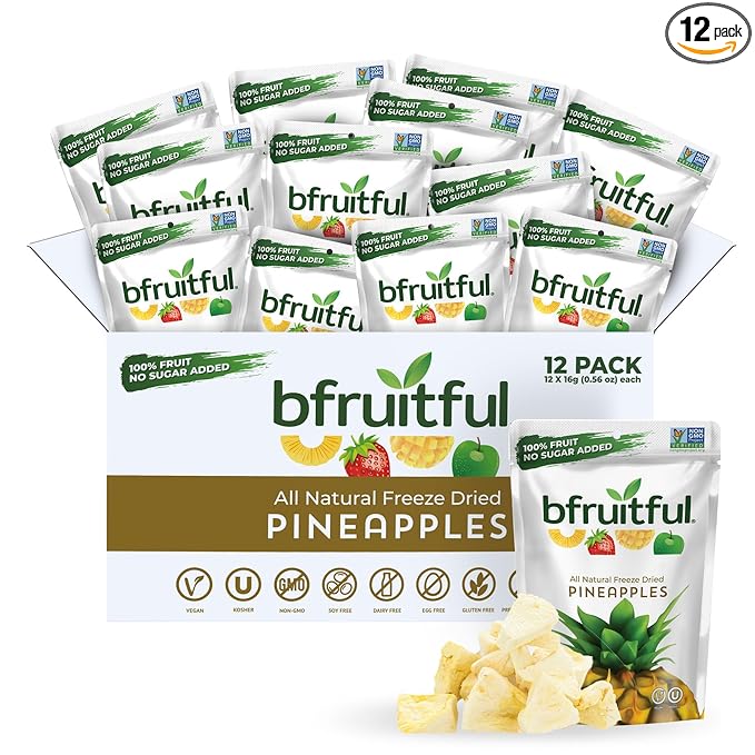 bfruitful Freeze-Dried Pineapple, Freeze Dried Fresh Fruit Bites, Gluten Free, Vegan, Dairy Free, Kosher, No Sugar Added, Non GMO, Healthy Snacks for Kids or Adults, 0.56 oz Single-Serve Snack Packets, 12 Pack