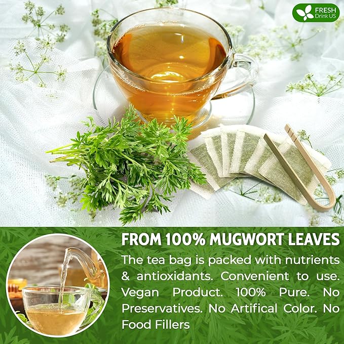 FreshDrinkUS, Premium 60 Mugwort Leaf Tea Bags, 100% Natural and Pure Mugwort Leaves. Loose Leaf Mugwort Herbal Tea. Mugwort Leaf Tea. No Sugar, No Caffeine, No Gluten, Vegan.