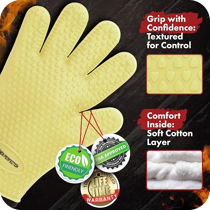 KITCHEN PERFECTION S Silicone Smoker Oven Gloves for Women -Extreme Heat Resistant BBQ Gloves -Handle Hot Food Right on Your Grill Fryer |Waterproof Oven Mitts Cooking Gloves |Superior Set+3 Bonuses