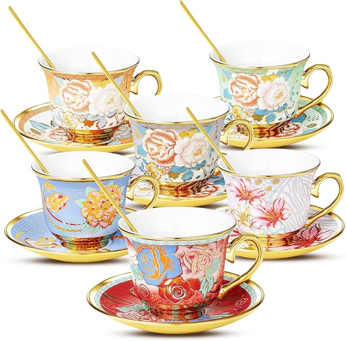 Tea Cups and Saucers Sets of 6, 8 Oz Floral Tea Cups with Spoons Ceramic Cup and Saucer Set for Cappuccino, Espresso, Coffee, Cafe, Latte, Tea for Tea Birthday