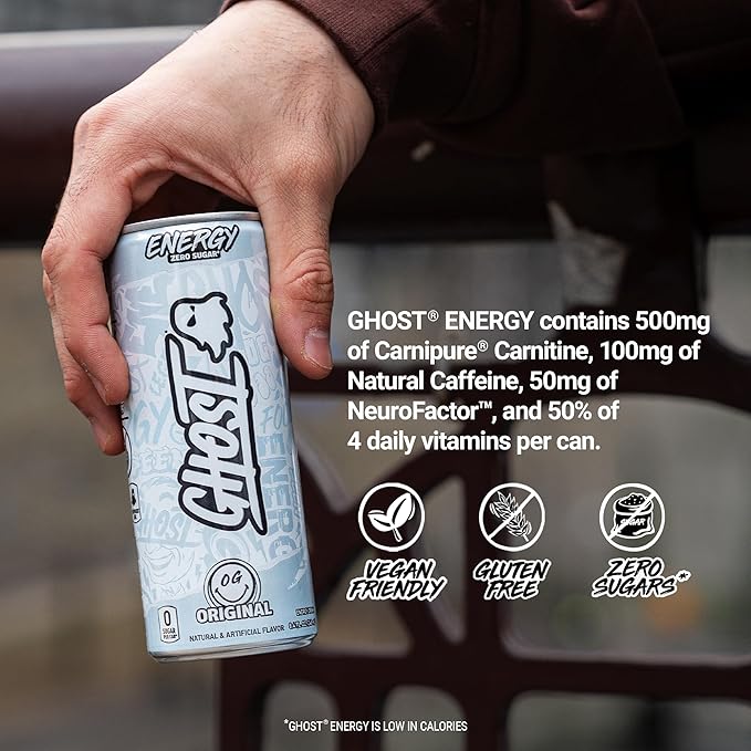 GHOST Energy Drink - 24-Pack, Original, 8.4oz - Energy & Focus & No Artificial Colors - 100mg of Natural Caffeine, L-Carnitine & Taurine - Gluten-Free & Vegan