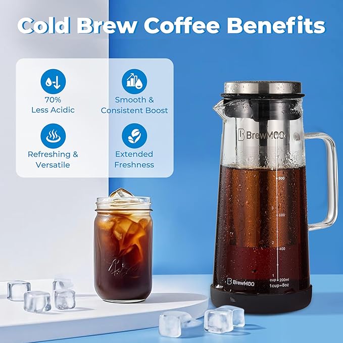 Sleek Cold Brew Coffee Pitcher & Iced Tea Maker - 1.0L/34oz Borosilicate Glass Carafe with Stainless Steel Filter, Sealed Lid & Integrated Handle, Dishwasher Safe (Black)