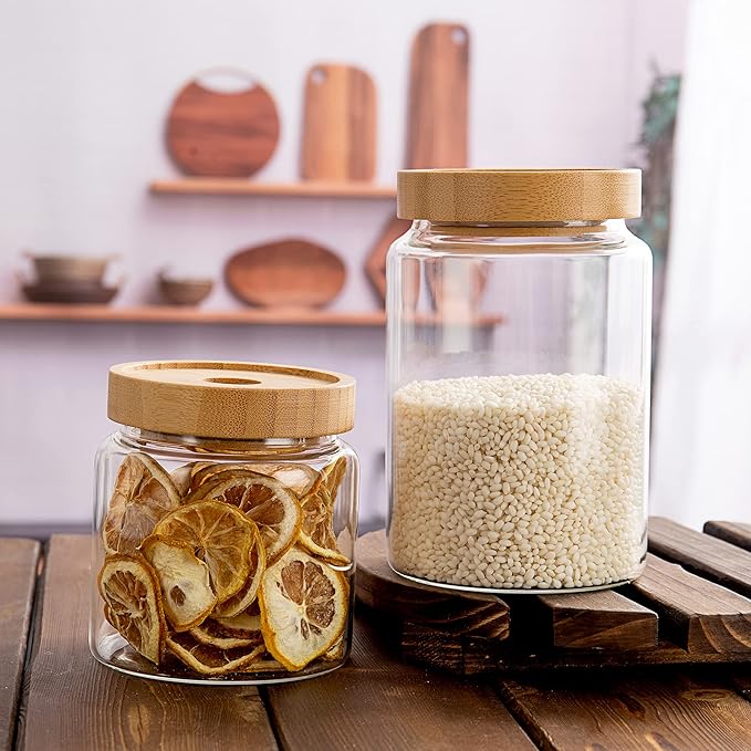 1200ML/42Oz Clear Cute Glass Storage Canister Holder with Airtight Bamboo Lid, Modern Decorative Large Container Jar for Coffee, Spice, Candy, Salt, Cookie, Condiment, Pepper, Sugar