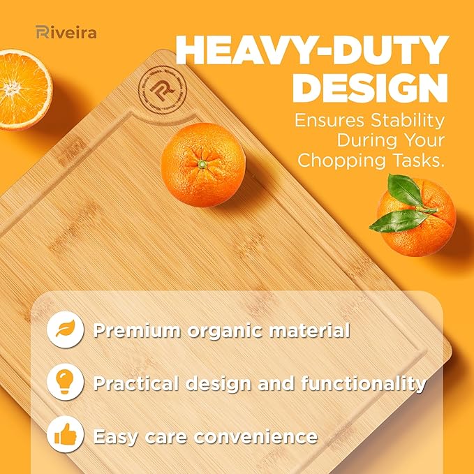 Riveira Cutting Boards For Kitchen – Gourmet Bamboo Grandeur: 12 x 10 Wood Cutting Board – Natural Bamboo Cutting Board – Innovative Juice Grooves Wooden Cutting Boards For Kitchen