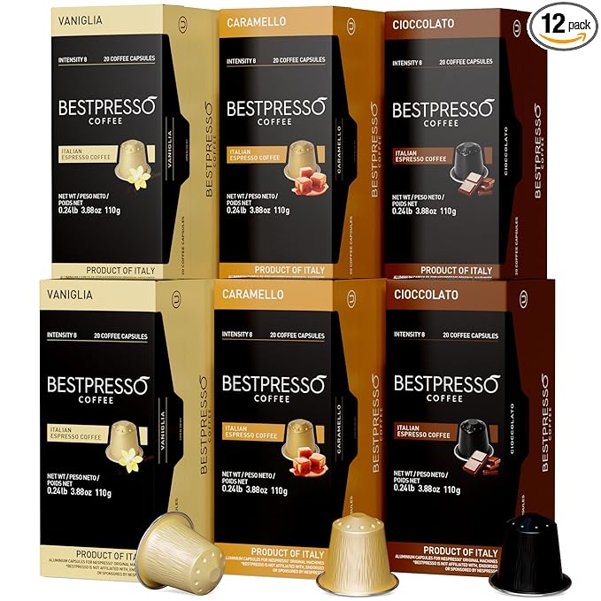 Bestpresso Coffee for Nespresso Original Machine 120 Aluminum pods Certified Genuine Espresso Variety Pack Caramel,Vanilla and Chocolate