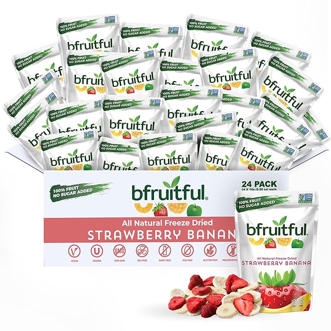bfruitful Freeze-Dried Strawberry Banana, Freeze Dried Fresh Fruit Bites, Gluten Free, Vegan, Dairy Free, Kosher, No Sugar Added, Non GMO, Healthy Snacks for Kids or Adults, 0.56 oz Single-Serve Snack Packets, 24 Pack
